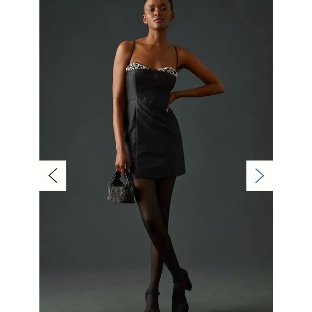 Anthropologie Maeve Embellished Black Mini Dress Sparkle Trim Women’s Size 14